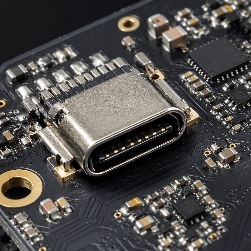 Macro photo of a USB-C connector soldered on a PCB with gold-plated pads and AC coupling capacitors