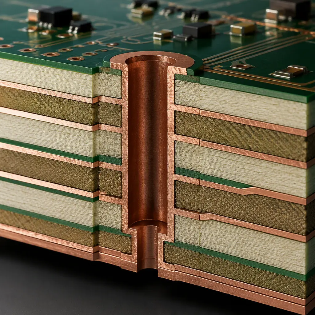 3D cross-section render of a multilayer PCB stackup showing laminate layers and a back-drilled via