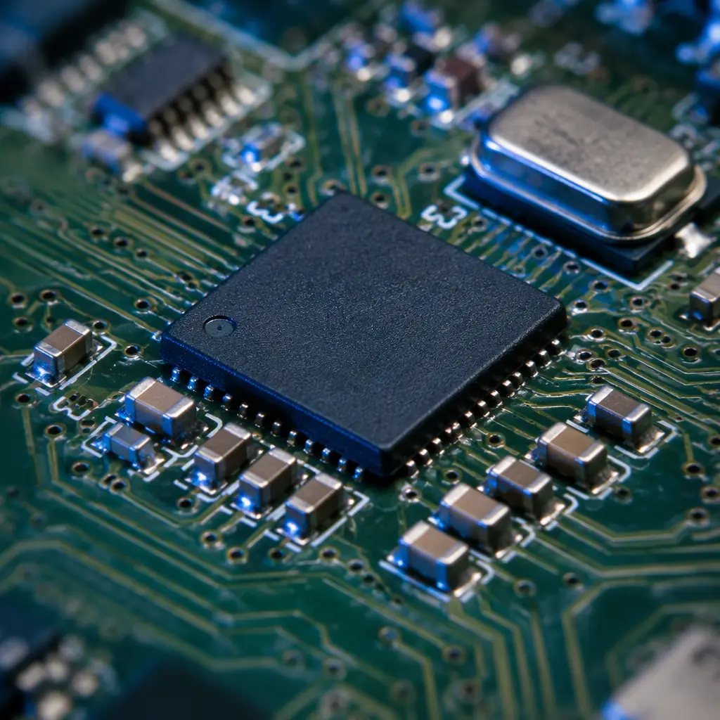 Macro photo of a re-timer chip in a BGA package on a high-speed PCB with decoupling capacitors