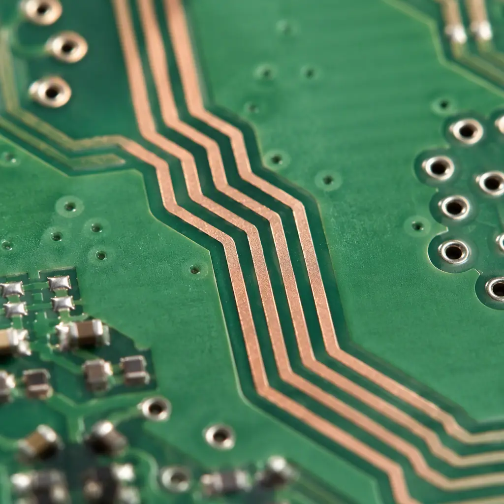 Photorealistic render of high-speed USB4 differential pair routing on a multilayer PCB with tight impedance control