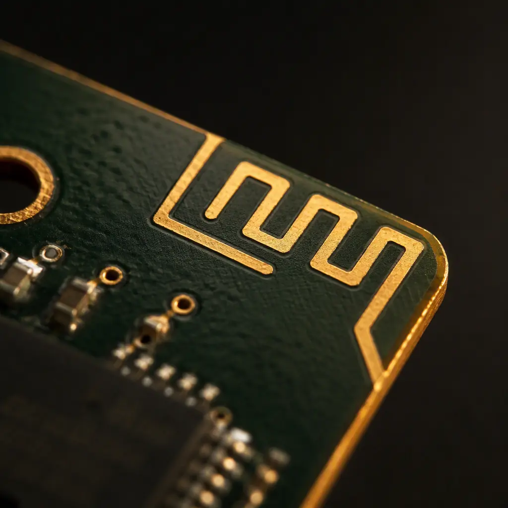 Macro photo of a printed antenna element at the edge of a UWB module PCB with gold flash plating