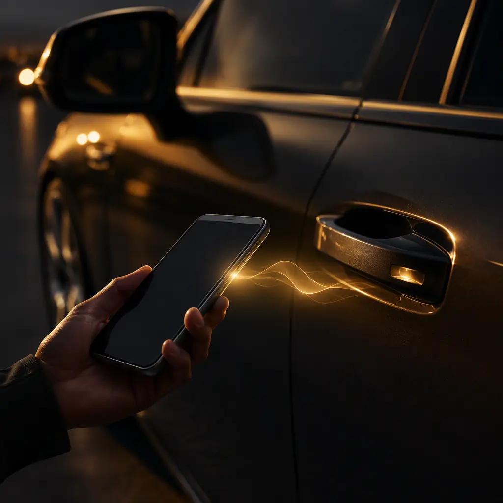 Concept photo of a smartphone approaching a car door handle with a golden light pulse suggesting digital key ranging
