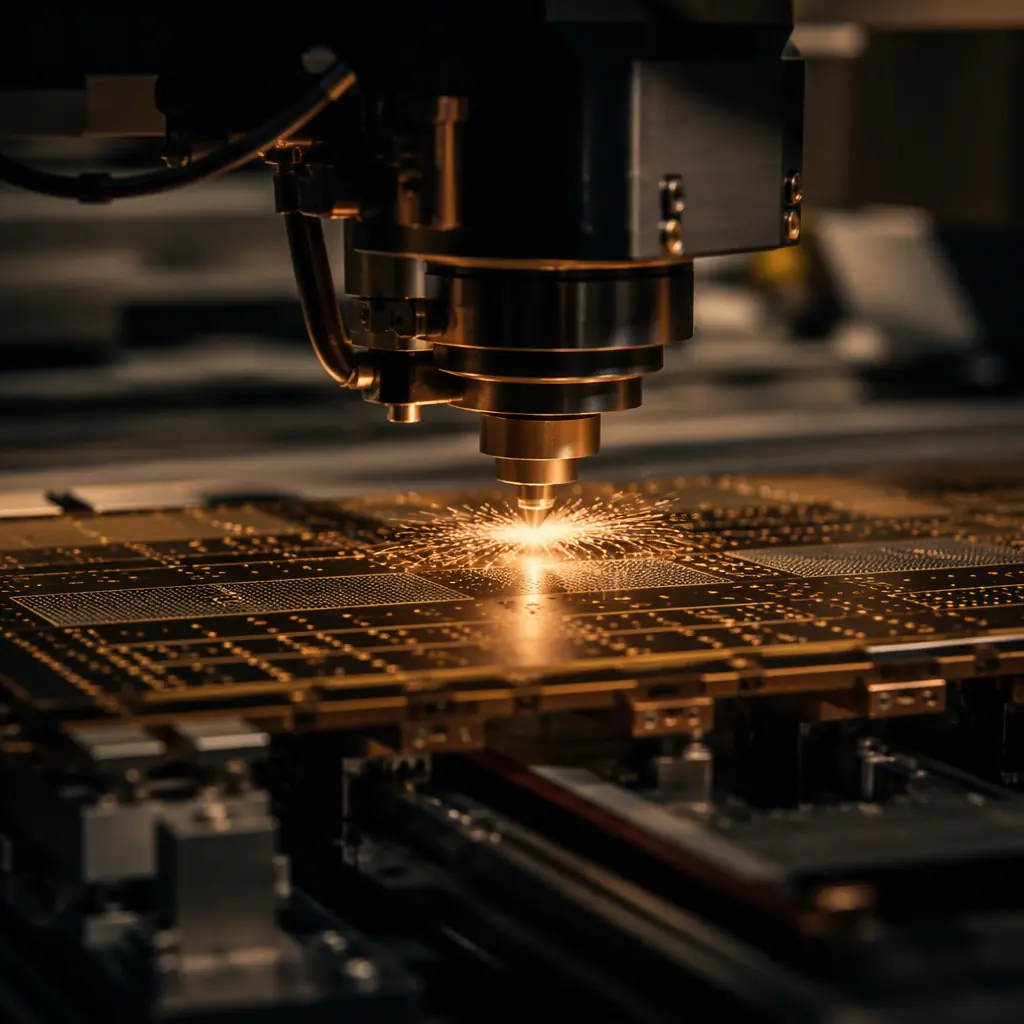 Macro photo of a laser drilling machine processing a board in a modern PCB factory