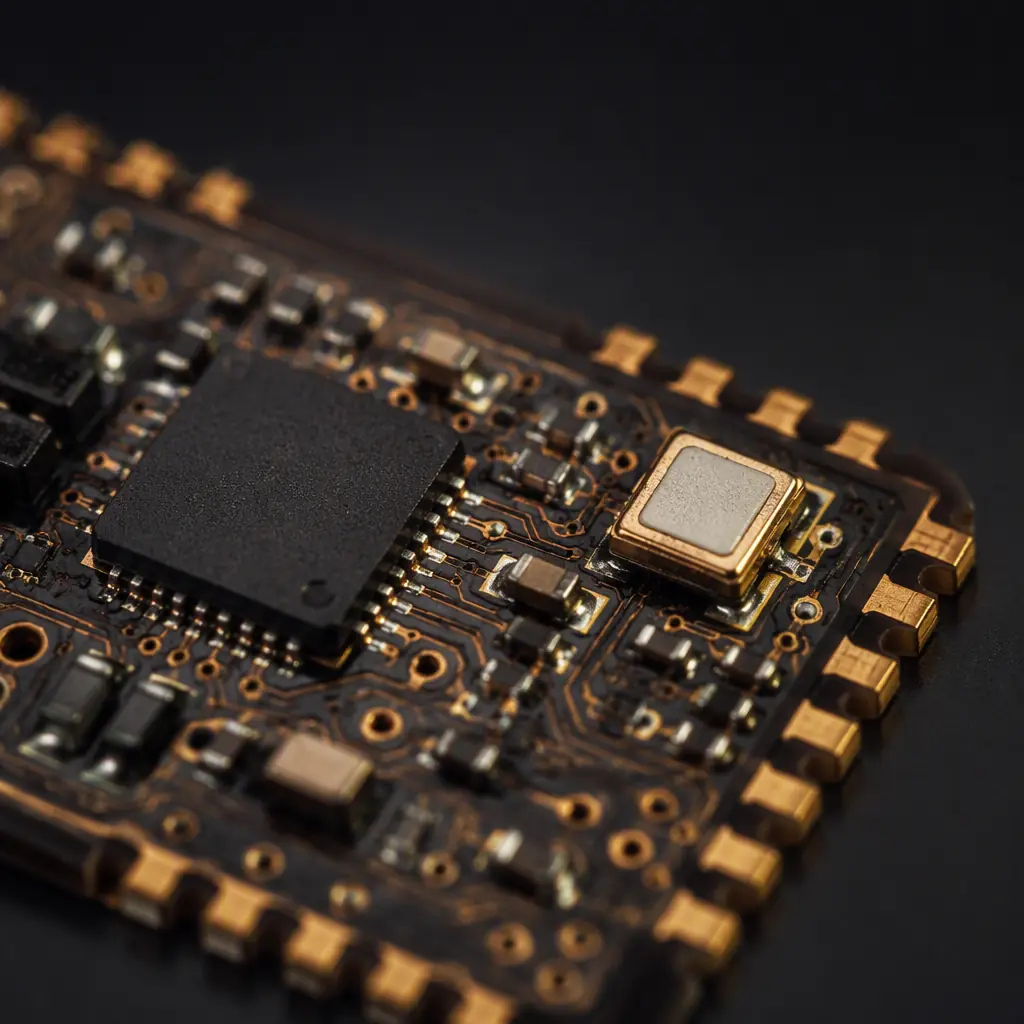 Macro photo of an ultra-wideband transceiver module PCB showing the radio IC, ceramic antenna and gold-plated pads