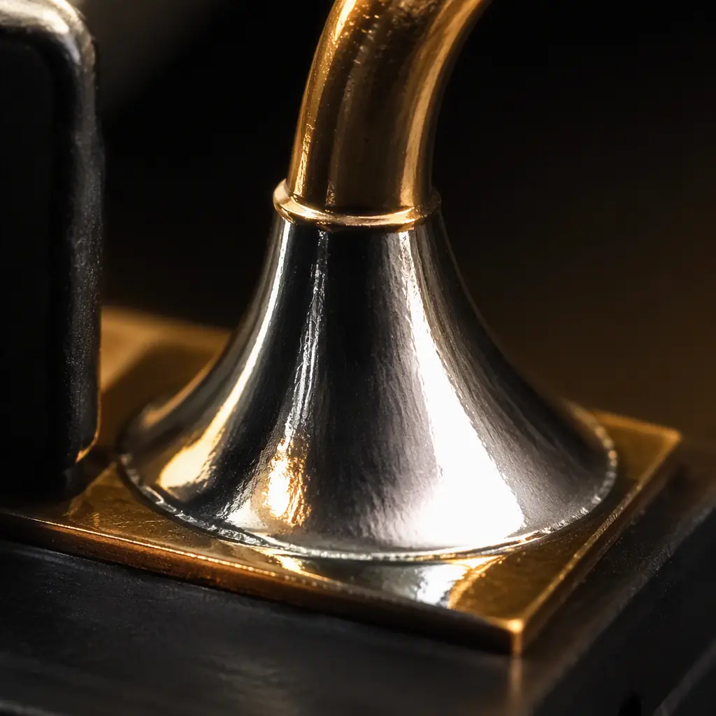 Macro of a shiny defect-free metallized solder fillet on an electrical component pad under studio lighting