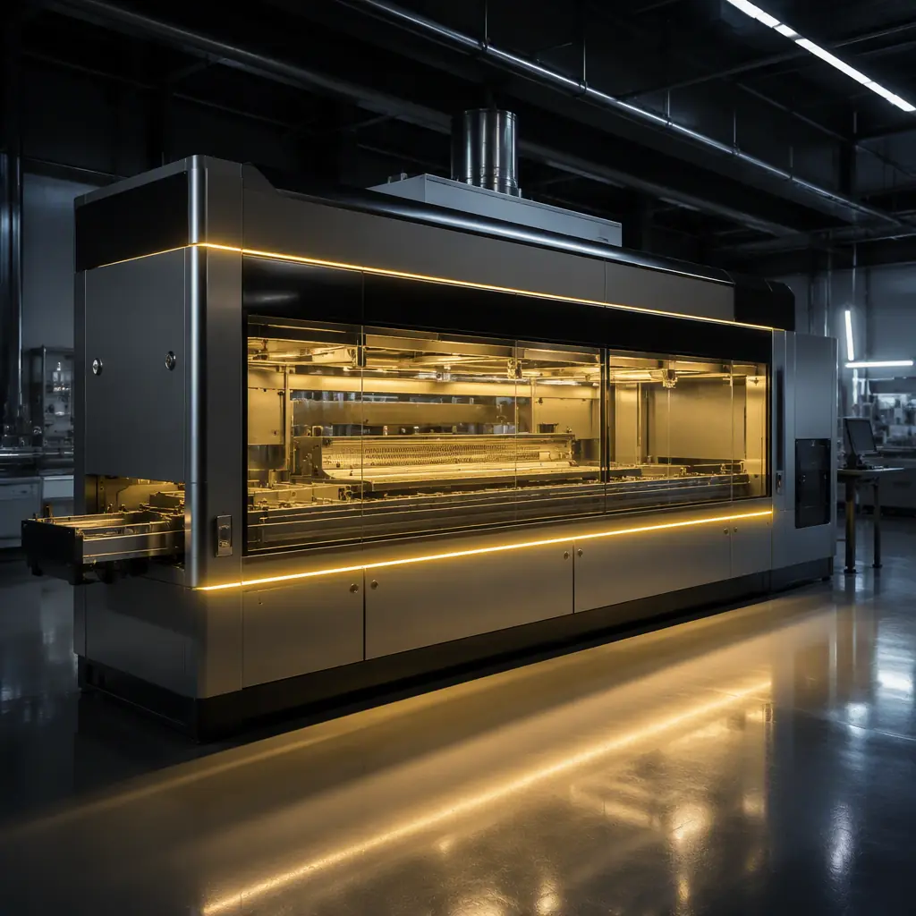 Wide industrial shot of a modern vapor phase soldering condensation chamber machine in a clean electronics factory