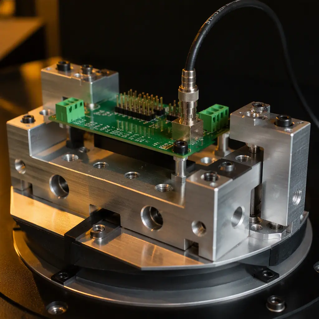 Rigid aluminum vibration test fixture holding green FR4 PCB with accelerometer cable attached in dark studio