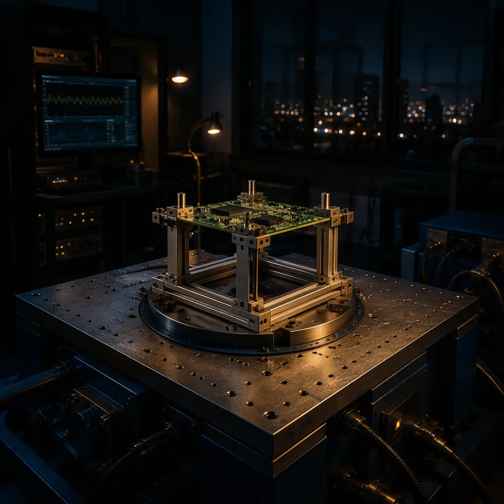 Electrodynamic vibration shaker system with circuit board mounted on rigid aluminum fixture in electronics reliability laboratory