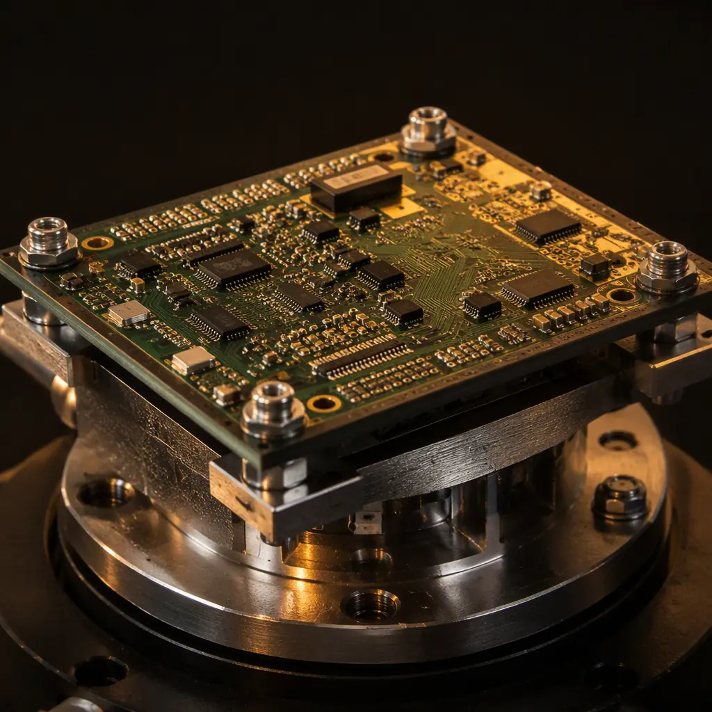 Populated PCB clamped onto electrodynamic shaker head expander with metal bolts and visible copper traces