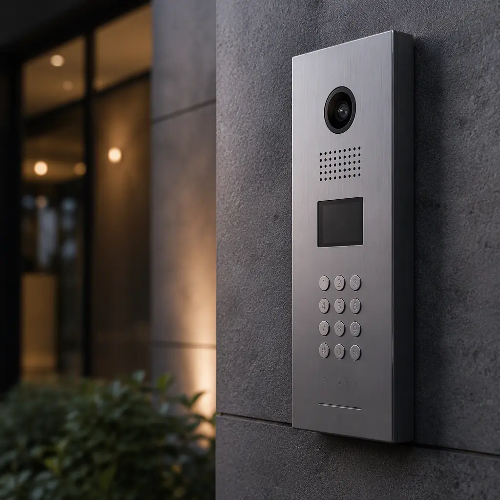 Outdoor video intercom door station with camera, keypad and audio components on PCB