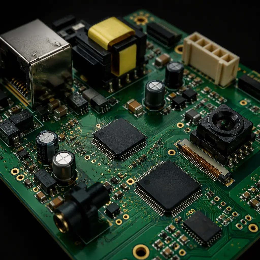 IP video intercom board with PoE power section, camera connector and audio codec