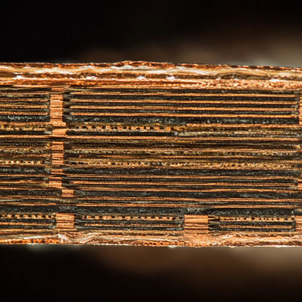Macro photo of a high-layer-count multilayer PCB cross-section edge showing dense internal layers