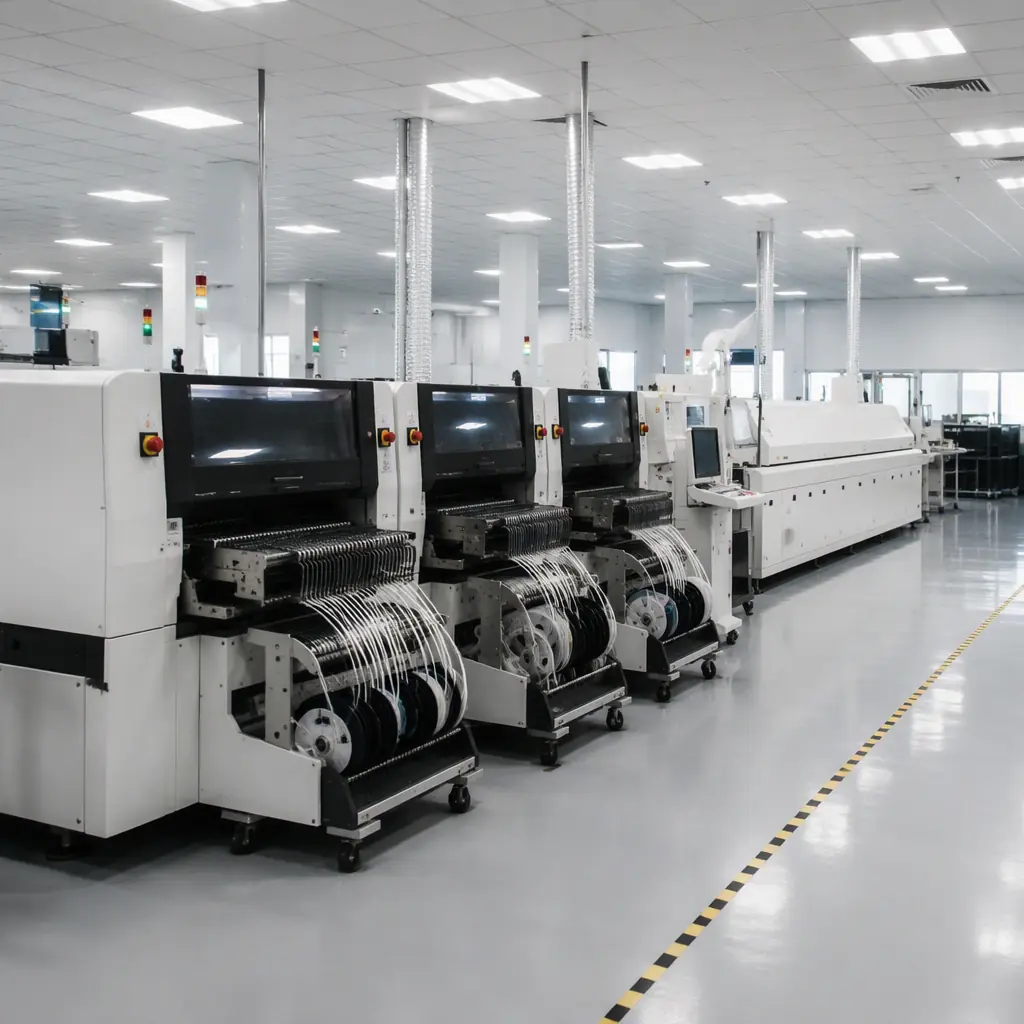 Wide view of an automated SMT assembly line inside a modern PCB factory