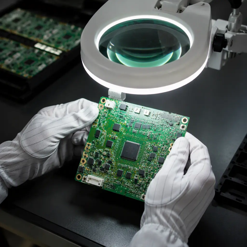 Gloved hands inspecting a PCB under a magnifying lamp on a quality control bench