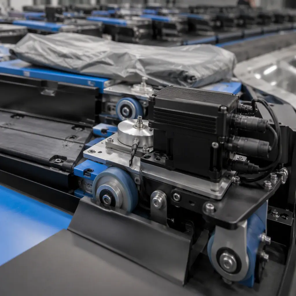 Close-up of a crossbelt parcel sorter carrier with its brushless motor controller and encoder on a moving loop