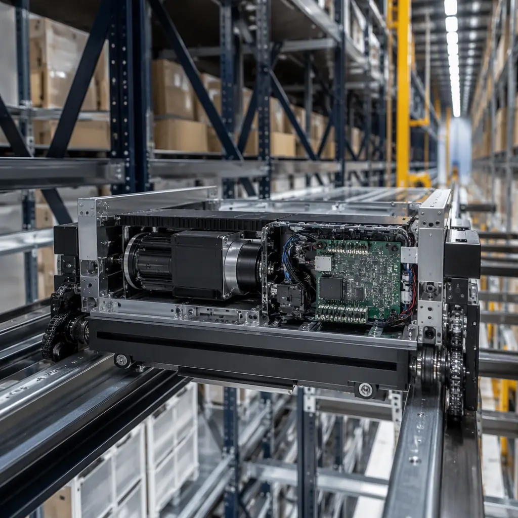 Automated storage and retrieval ASRS shuttle with its motor drive and position encoder control board in a high-bay warehouse