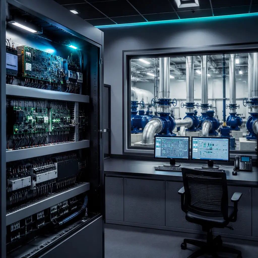 Water treatment pump station control panel with RTU and pump controller PCBs