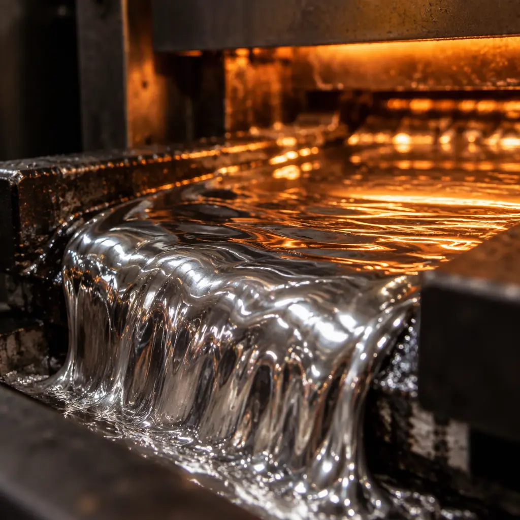 Close-up photograph of a molten solder wave flowing in an industrial wave soldering machine, silvery metal cascade with warm amber lighting and dark machine housing