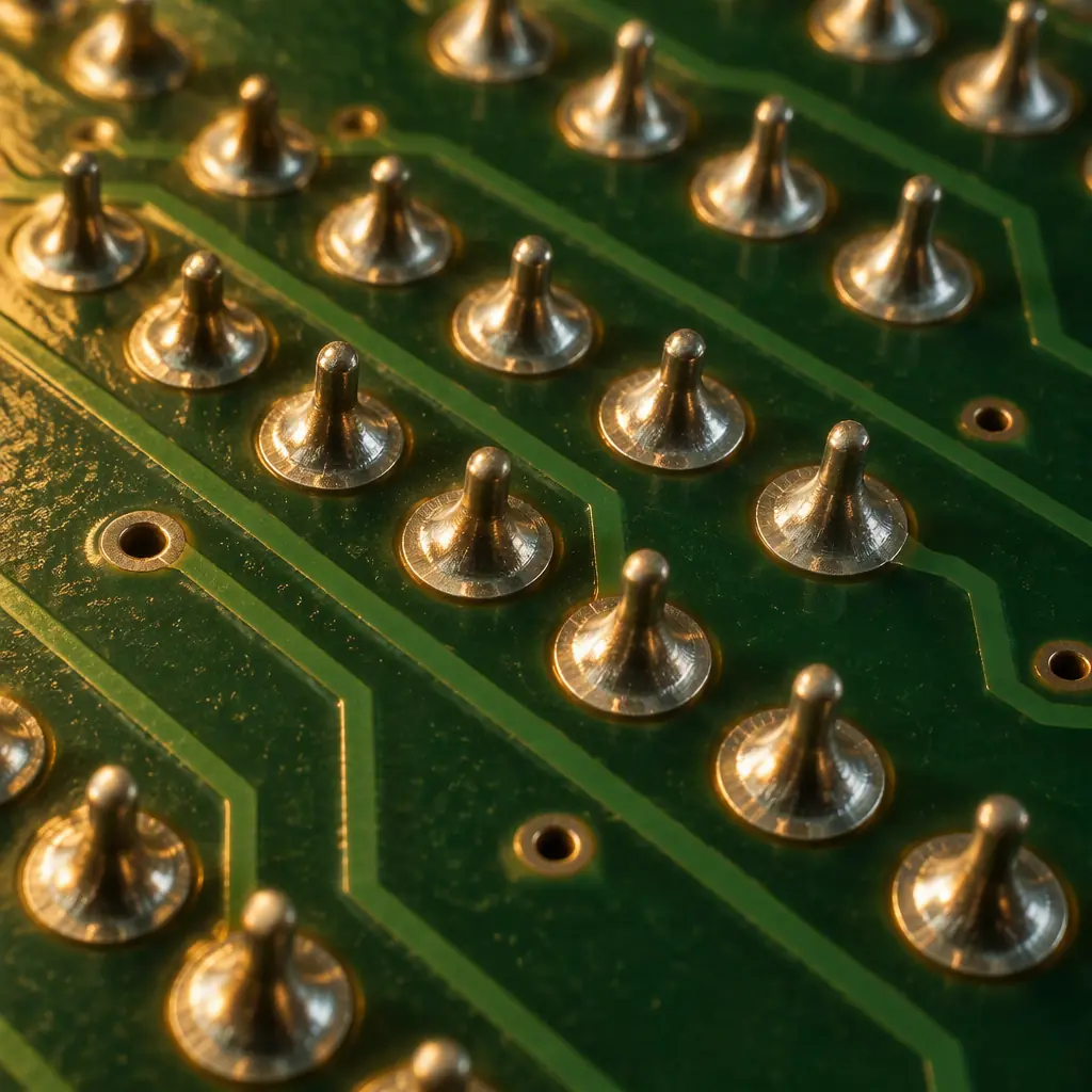 Macro photograph of the underside of a printed circuit board showing through-hole solder joints with bright concave fillets on a green solder mask surface