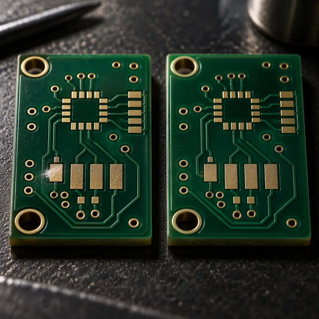 Macro photograph of a printed circuit board with a solder joint defect highlighted under a bench magnifier, with a paper deviation record and pen beside it on an inspection bench