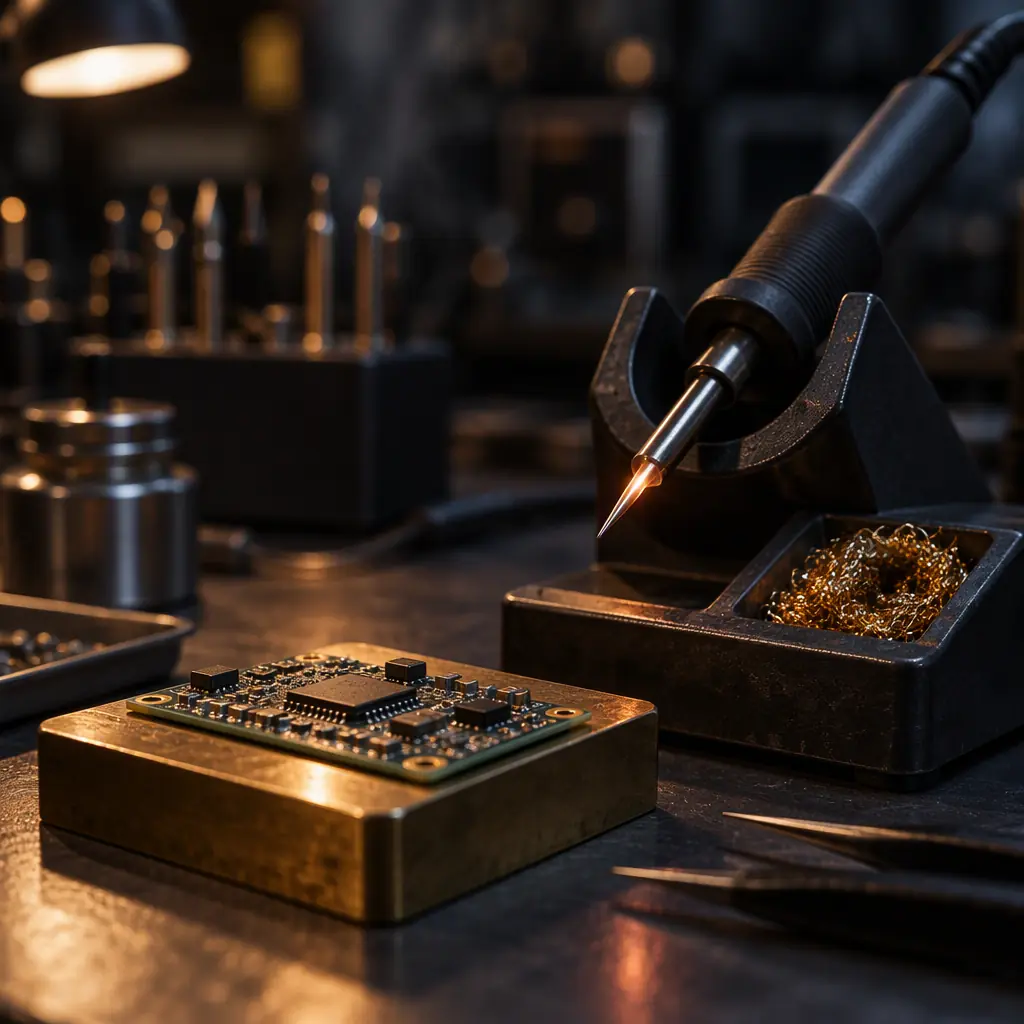 Close-up photograph of two hands in a quality inspection area holding a circuit board up to a light next to a signed paper form on a clipboard