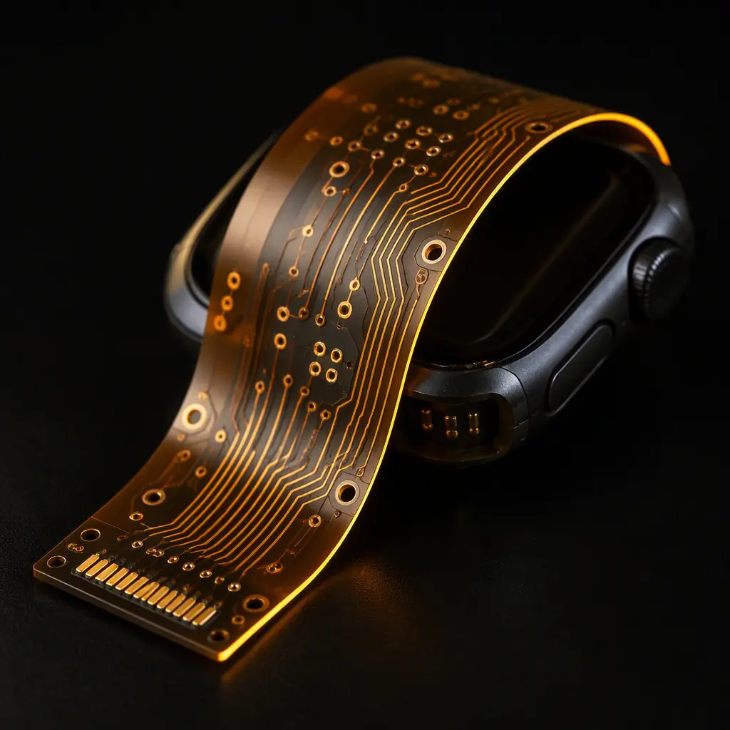 Photorealistic render of a thin flexible PCB curled around a smartwatch casing showing bend relief and connector landing