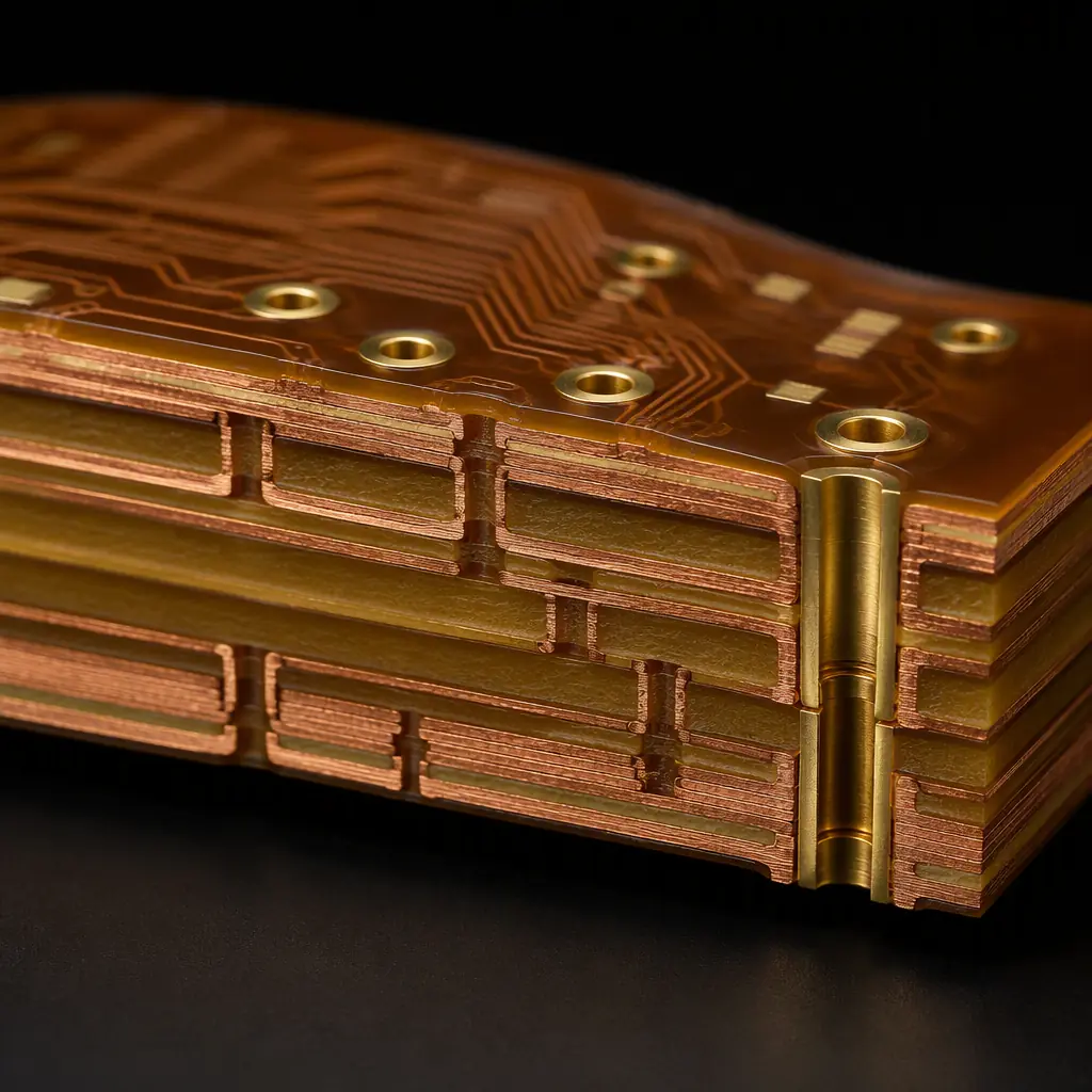 3D cross-section render of a multilayer flexible PCB stackup with polyimide core, microvias and gold-plated pads