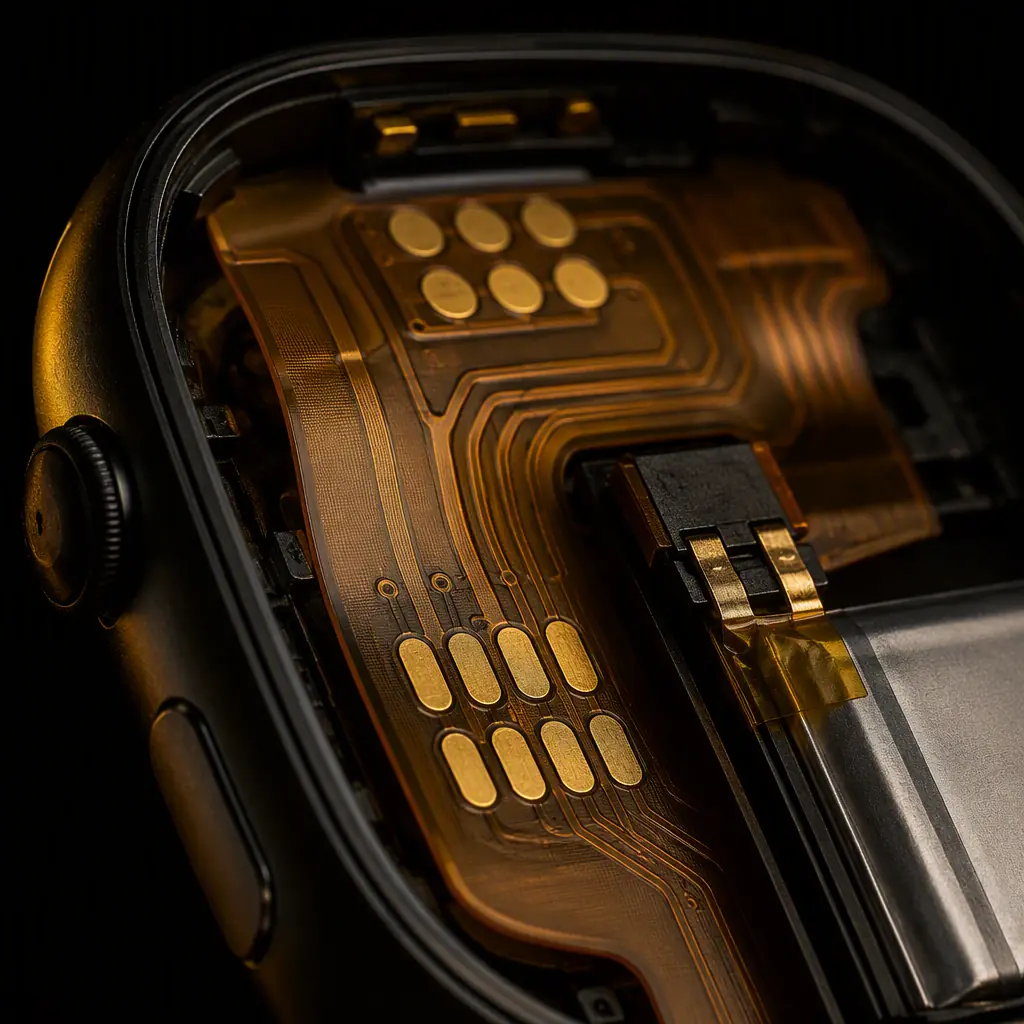 Photorealistic macro of a flexible PCB wrapped inside a smartwatch casing showing gold-plated contact pads and a sealed battery connector