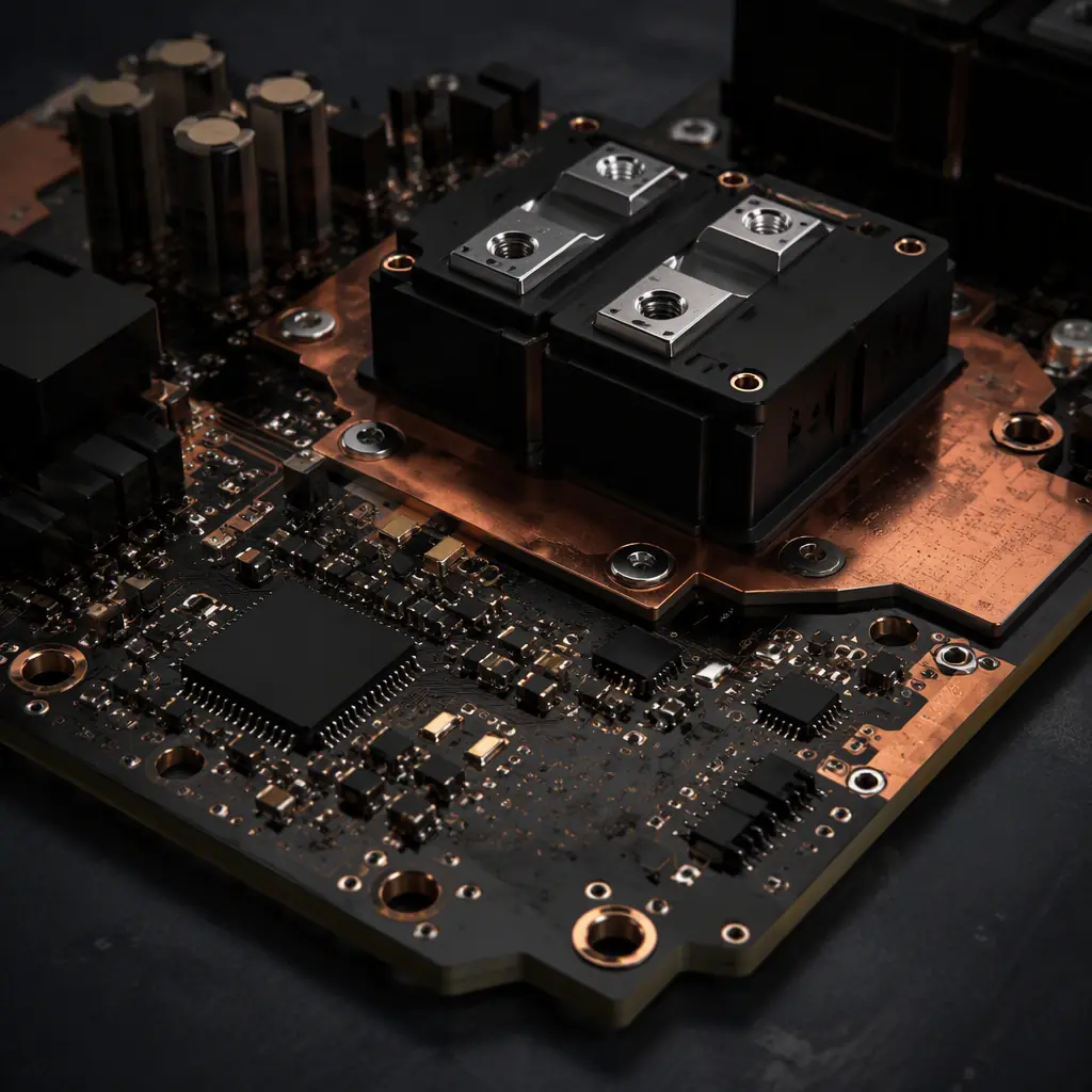 Photorealistic 3D render of a power PCB with a SiC MOSFET module, driver IC and wide copper pours showing the current and gate loop regions