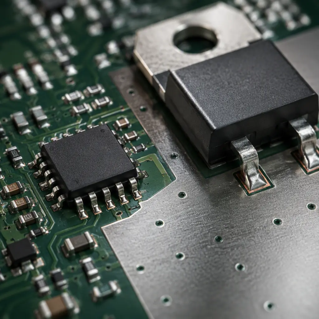 Macro 3D render of a gate-driver IC adjacent to a SiC power device showing the tight gate loop and adjacent ground plan