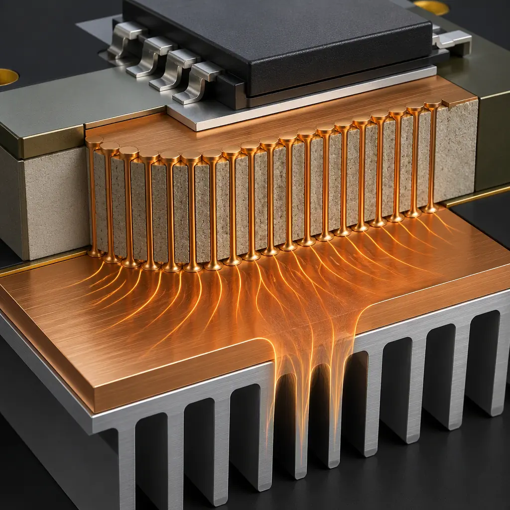 3D cross-section render of a power device thermal pad with a dense thermal via array spreading heat into a copper pour and heat sink