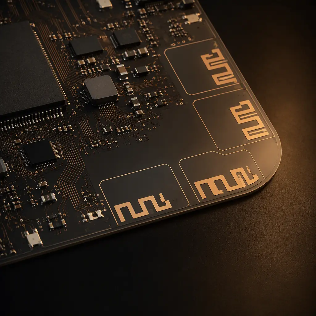 Photorealistic render of a Wi-Fi router PCB corner showing four PCB trace antennas with clear keep-out zones marked around each antenna element