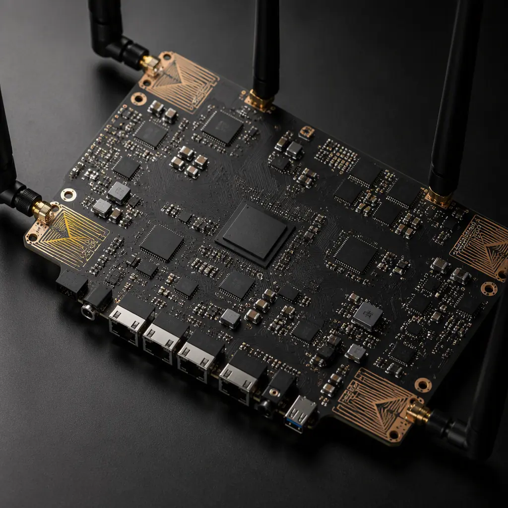 Photorealistic render of a Wi-Fi 7 router PCB with four antenna zones, RF shield cans and a large SoC in the center