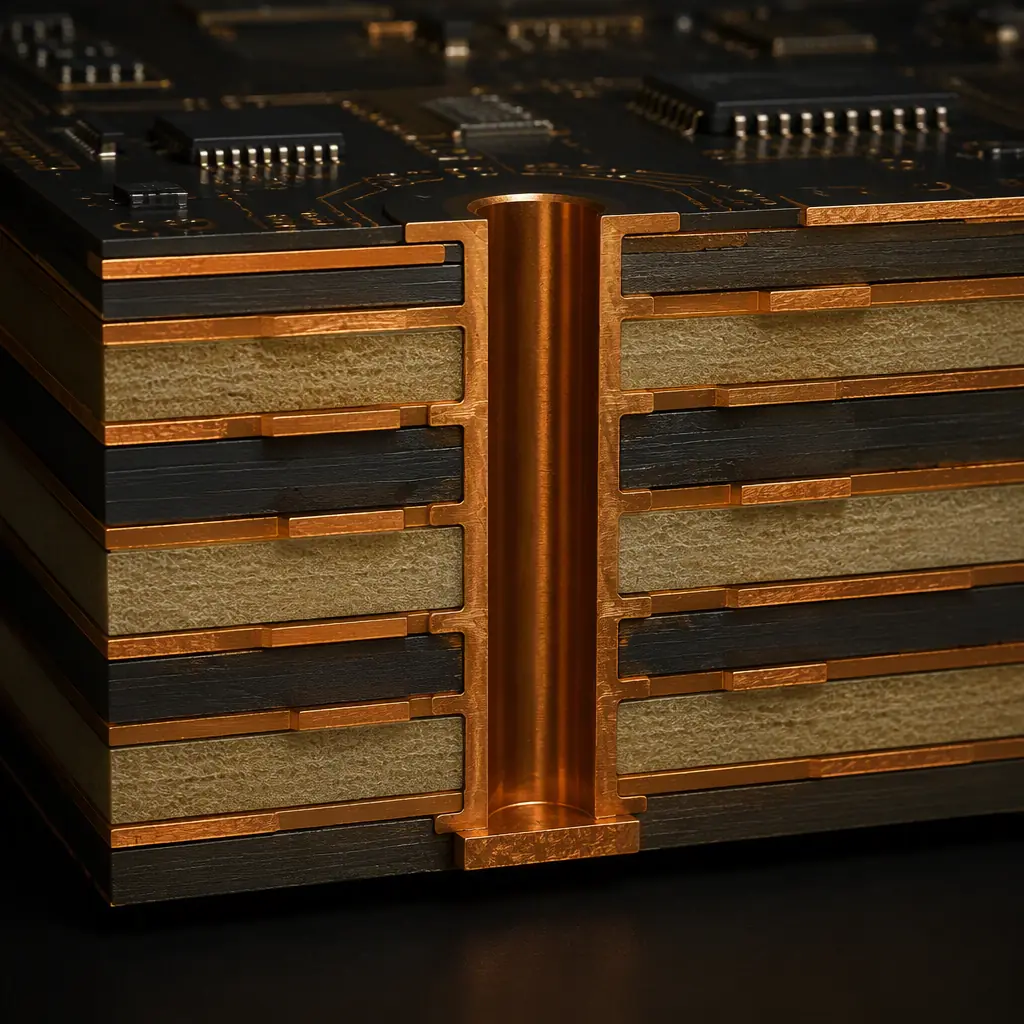 Photorealistic 3D cross-section render of a hybrid PCB stackup showing copper layers, dielectric cores and a back-drilled via
