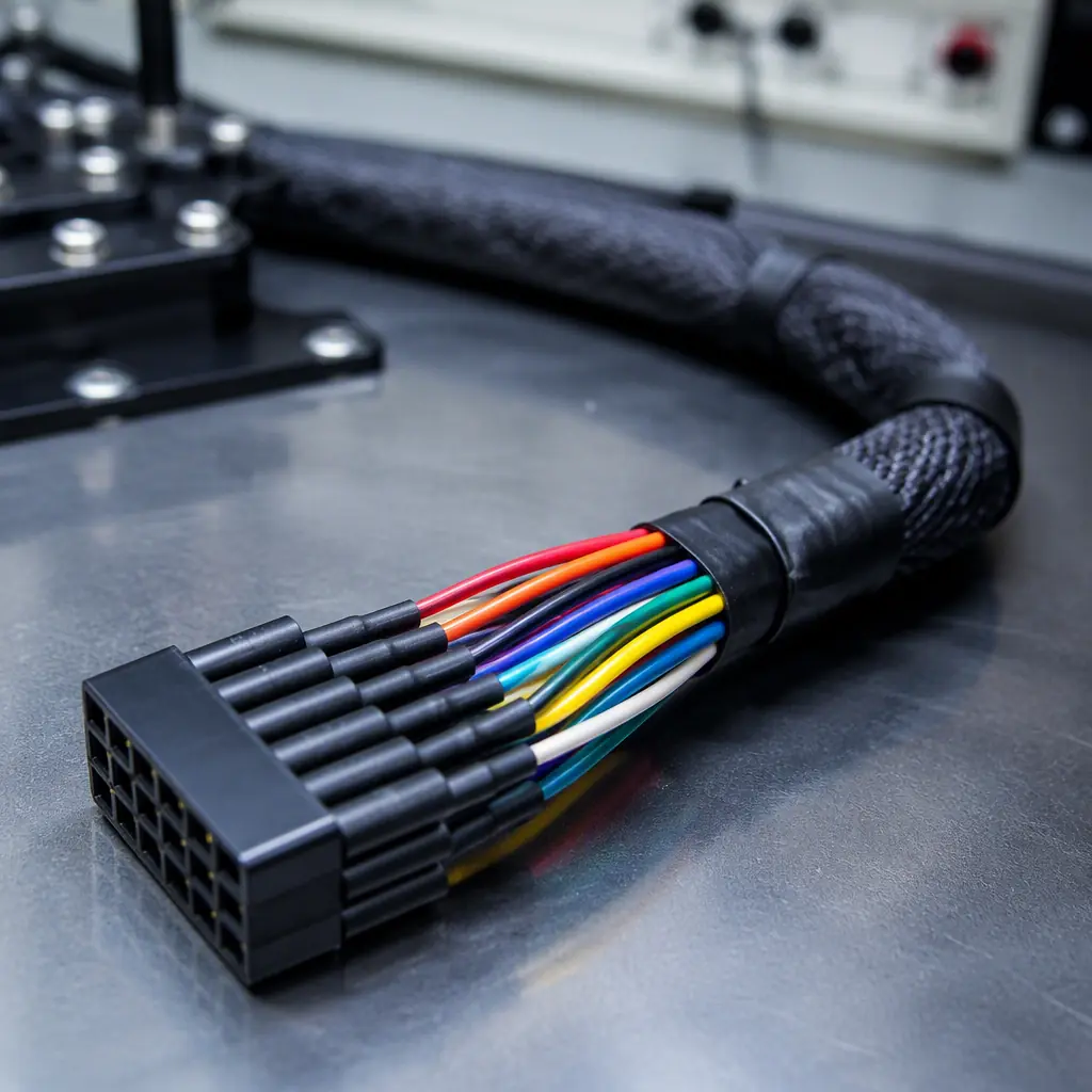 Macro photo of a finished multi-wire harness on a test bench with a crimped connector and heat-shrink tubing, showing clean wire routing and colorful insulated wires