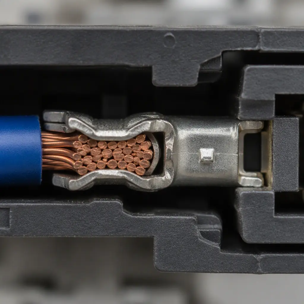 Close-up of a crimped wire terminal terminal cross-section seated in a connector housing, illustrating a secure electrical connection