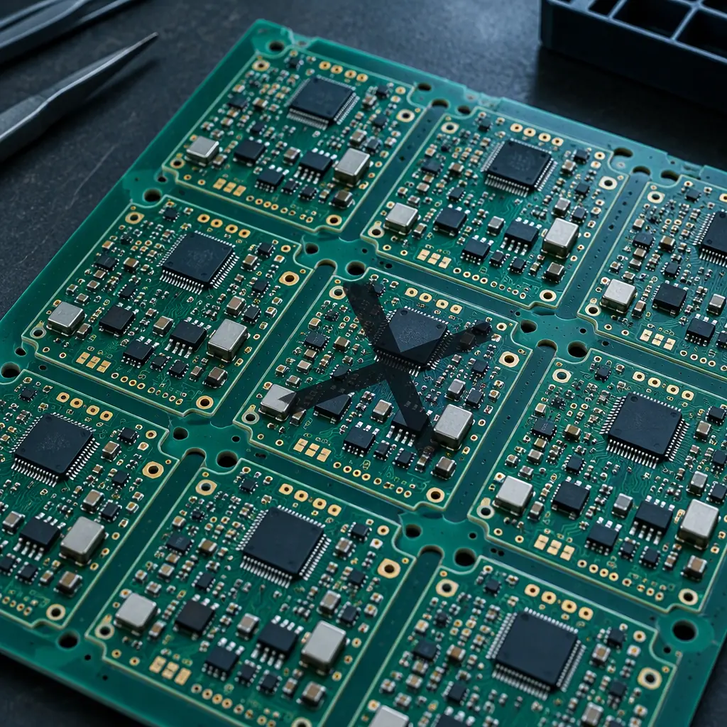 Photorealistic overhead macro of a production PCB panel on a dark surface with several individual circuits marked by black cross strokes and the good units left clean