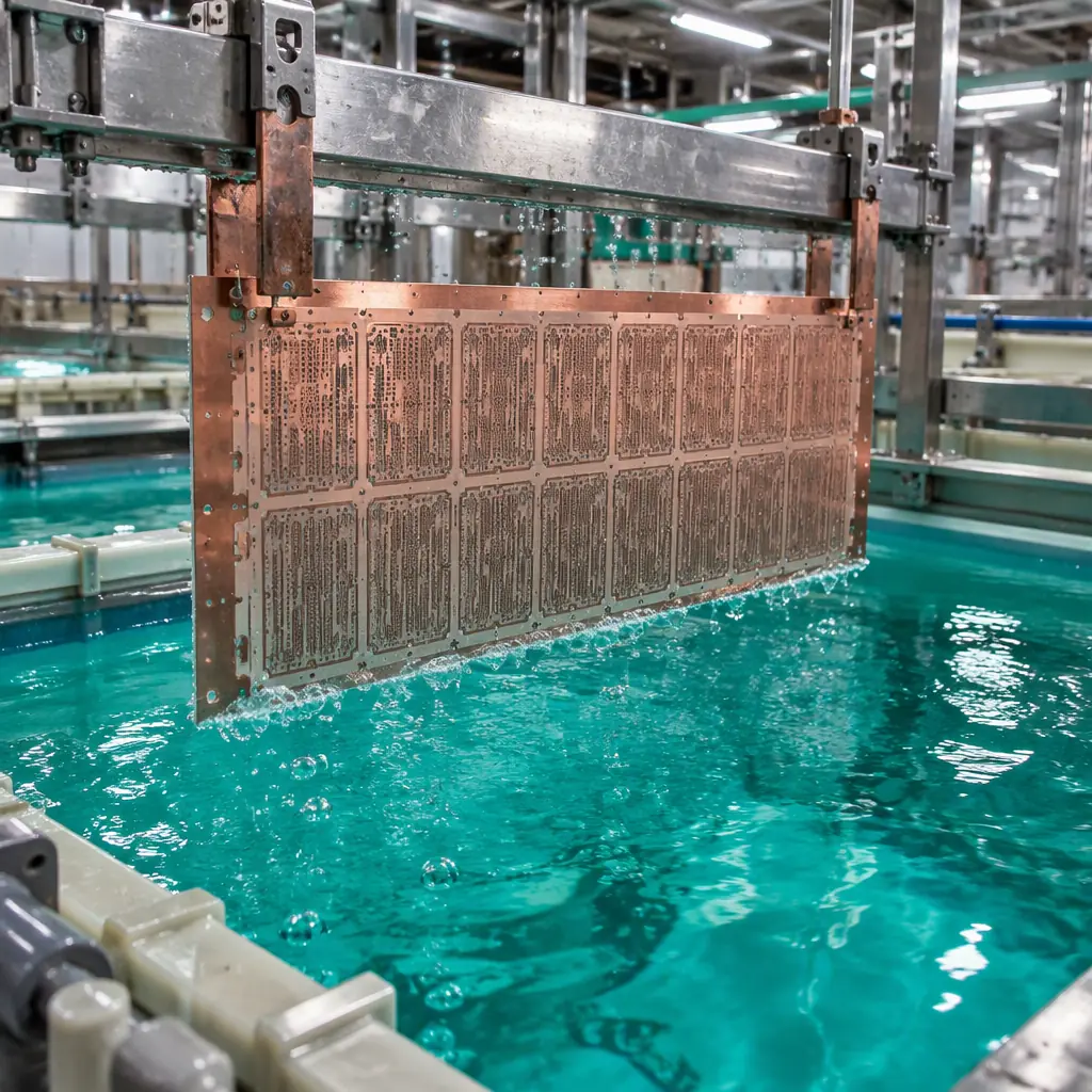 Macro photograph of a copper electroplating line in a PCB factory showing a large panel suspended in a bright blue plating bath with visible edge contact points
