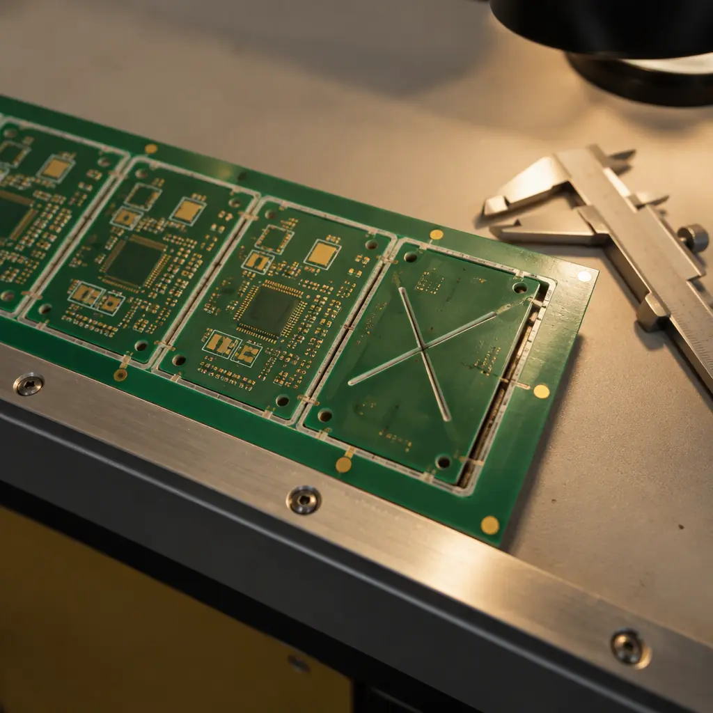 Photorealistic close-up of a PCB panel edge showing a routed x-out marking through one circuit with tooling rails and fiducials visible on an inspection bench