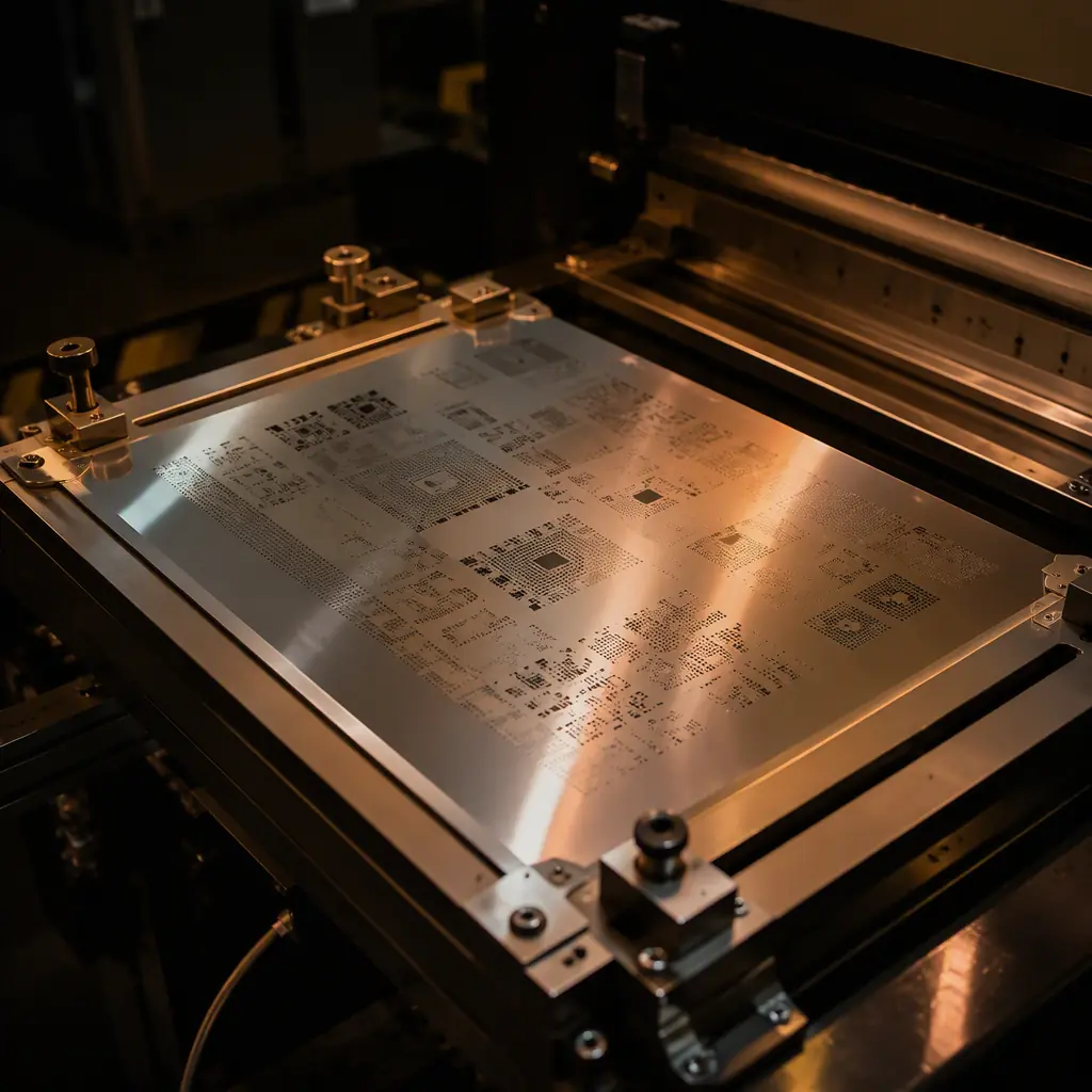 Photorealistic macro of a frameless stainless steel SMT stencil foil held flat in a tension frame next to a solder paste printer