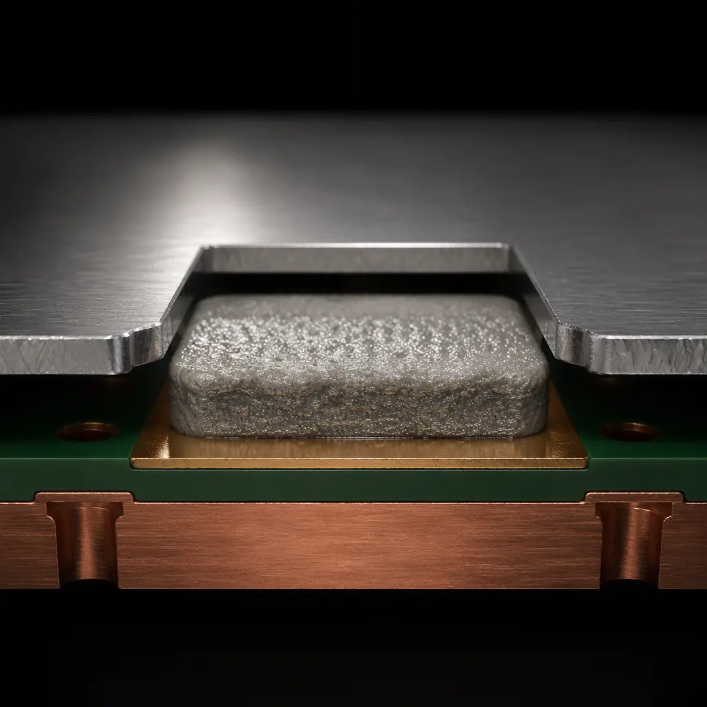 3D cross-section render of a stencil foil aperture over a solder pad showing paste deposit and metal layer