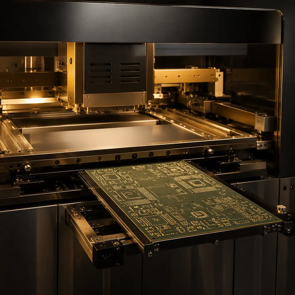 Photorealistic render of a solder paste printer with a frameless stencil tension fixture and a clean printed board emerging