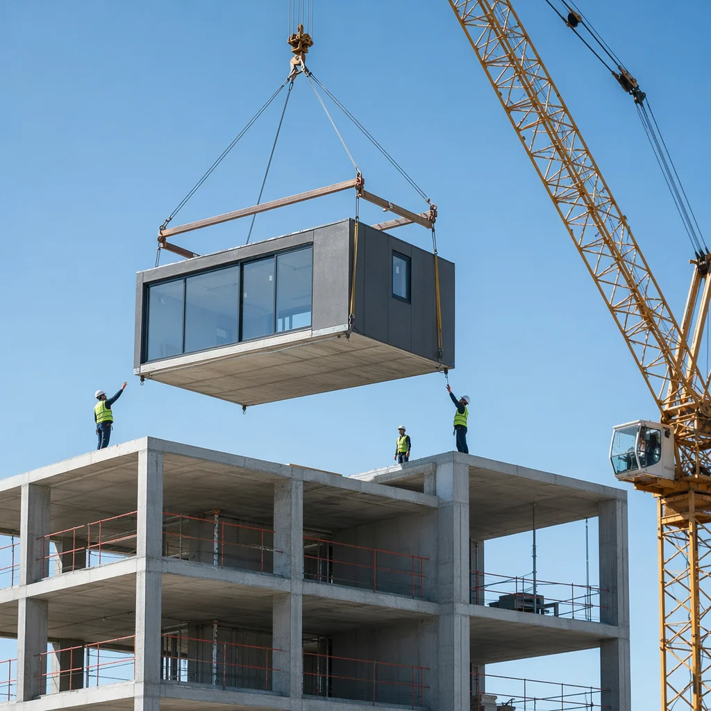 Crane lowering a finished modular building unit onto a multi-story building frame at a construction site
