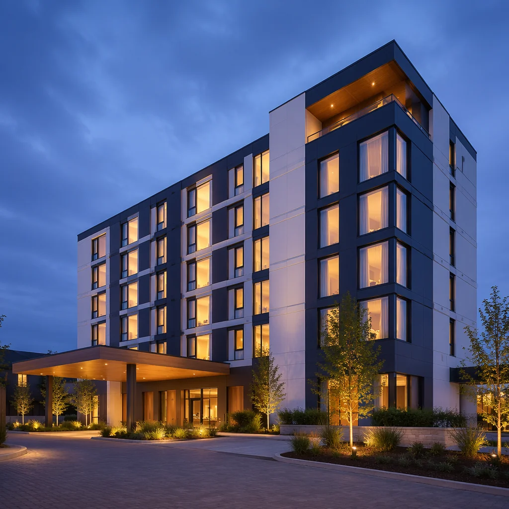 Modern 6-story modular hotel building with sleek facade at dusk