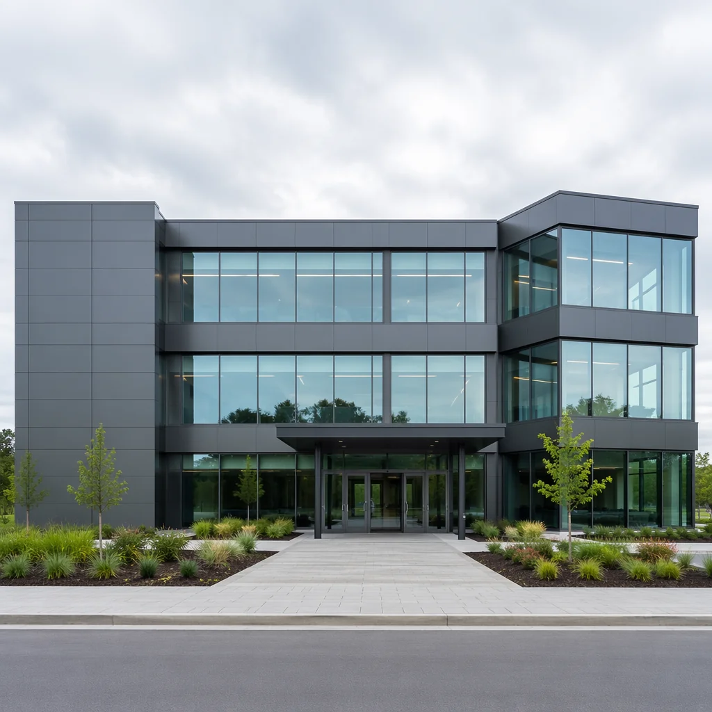 Contemporary 3-story modular office building with glass curtain wall