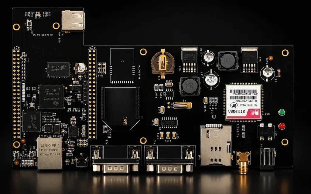 Black industrial control board with SIM900A — automotive electronics reference