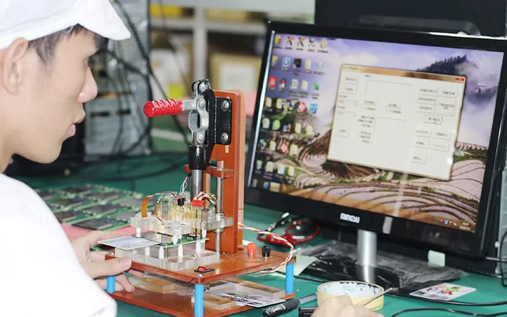 Operators testing green board with red-handle fixture