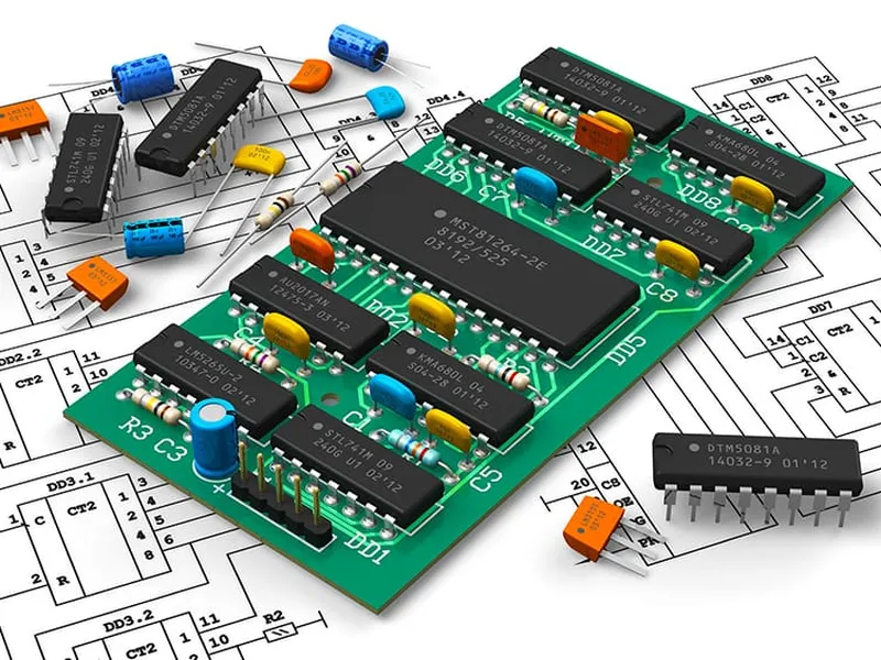 PCB assembly next to schematic print — medical reference build
