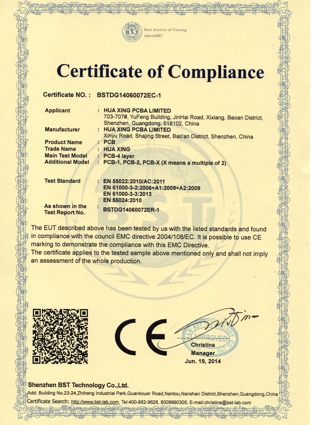 CE certificate of compliance — EMC Directive
