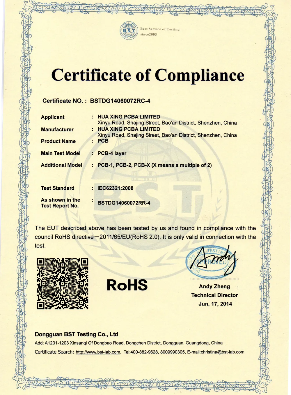 RoHS certificate — hazardous substances compliance